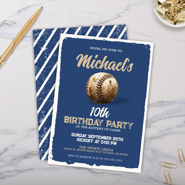 Vintage Royal Blue Baseball Theme Birthday Party Invitation (Vintage royal blue baseball theme party invitation for boy baseball birthday party invites)