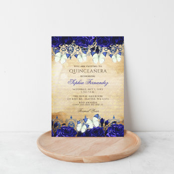 Vintage Royal Blue Floral Butterfly Quinceañera  Invitation by Invitationboutique at Zazzle