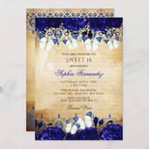 Vintage Royal Blue Floral Butterfly Sweet 16 Invitation