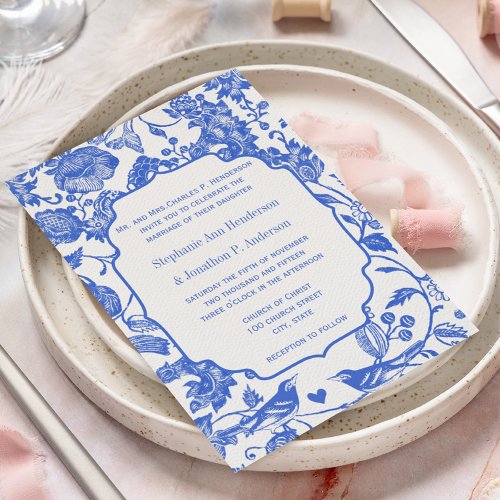 Vintage Royal Blue Floral Love Bird Wedding Invitation