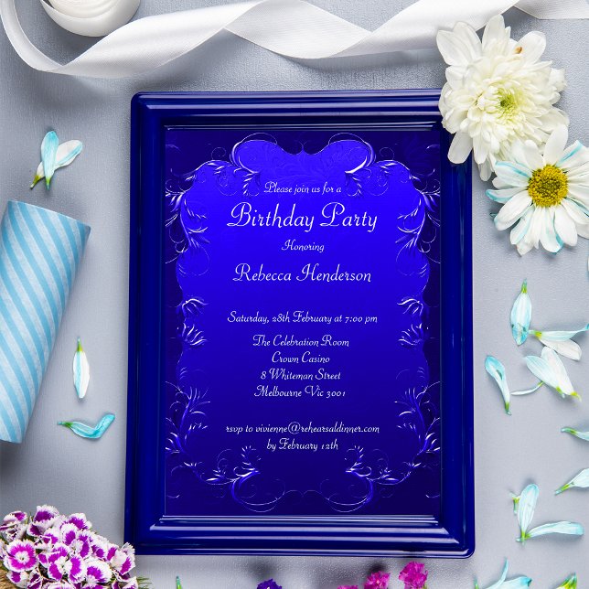 Vintage Royal Blue Flourishes Birthday  Invitation (Creator Uploaded)
