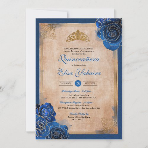 Vintage Royal Blue Gold Roses Royal Quinceanera Invitation