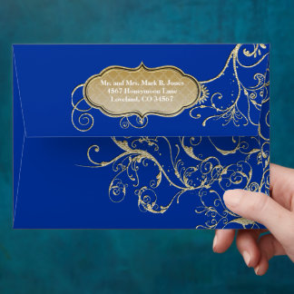 Vintage Royal Blue Gold Swirl Wedding Envelope