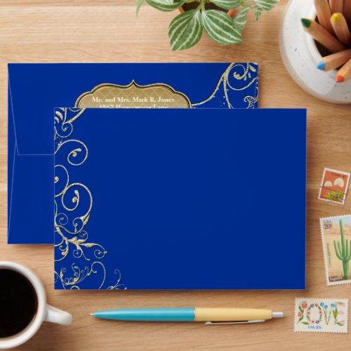 Vintage Royal Blue Gold Swirl Wedding Envelope