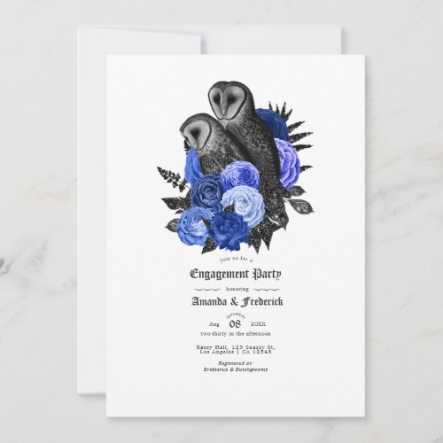 Vintage Royal Blue Owls Gothic Engagement Party Invitation