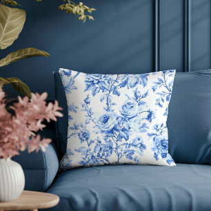 Vintage Royal Blue Toile Roses Decorative Pillow