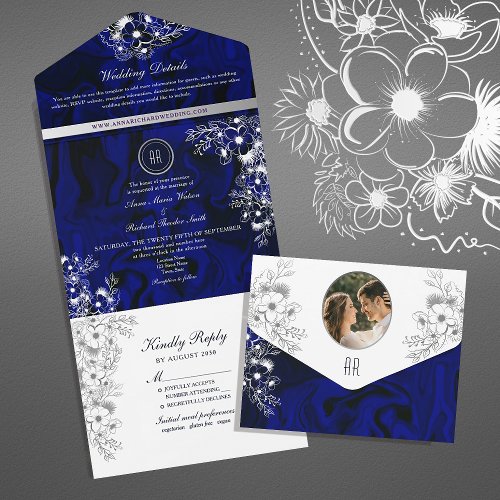 Vintage Royal Blue Wedding All In One Invitation