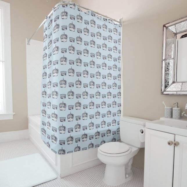 Vintage Royal Crown Drawings Pattern Blue Shower Curtain (In Situ)