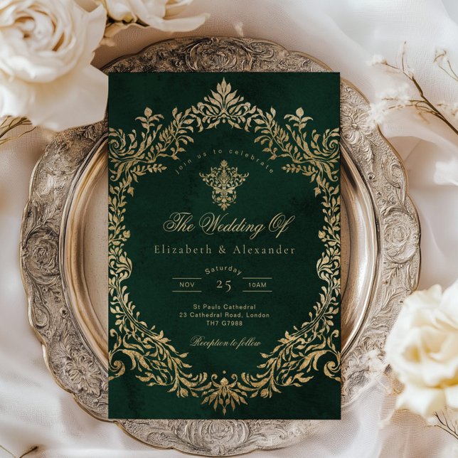 Vintage Royal Emerald Gold Wedding Invitation (Creator Uploaded)