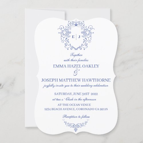 Vintage royal floral crest pastel blue Wedding Invitation