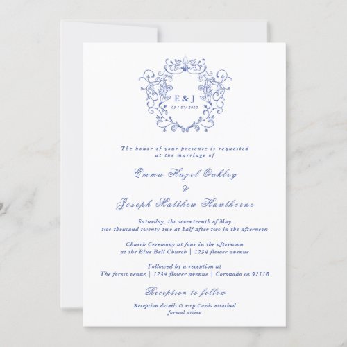 Vintage royal floral crest pastel blue Wedding Invitation