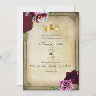 Vintage Royal Gold Crown Dark Pink Floral Wedding Invitation