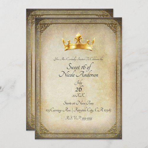 Vintage Royal Gold Crown Elegant Sweet 16 Party Invitation