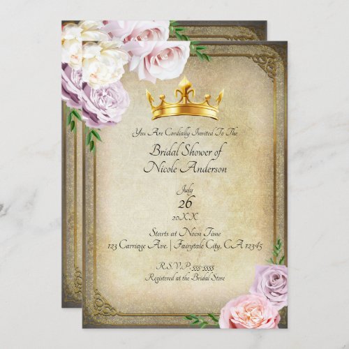 Vintage Royal Gold Crown Floral Bridal Shower Invitation