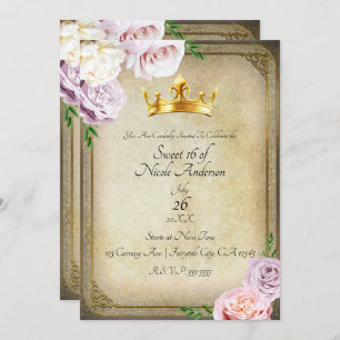 Vintage Royal Gold Crown Floral Sweet 16 Party Invitation