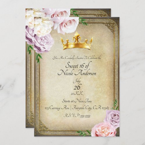 Vintage Royal Gold Crown Floral Sweet 16 Party Invitation