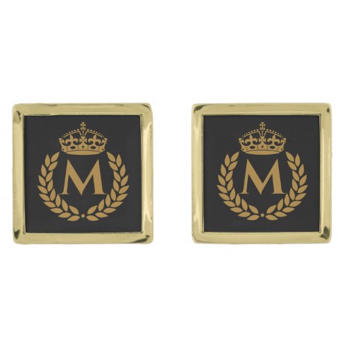 Vintage Royal King Golden Crown Name Initial Black Cufflinks