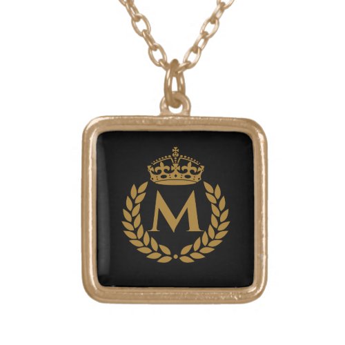 Vintage Royal King Golden Crown Name Initial Black Gold Plated Necklace