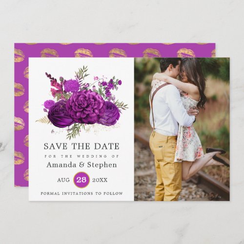 Vintage Royal Purple and Gold Floral Wedding Photo Save The Date