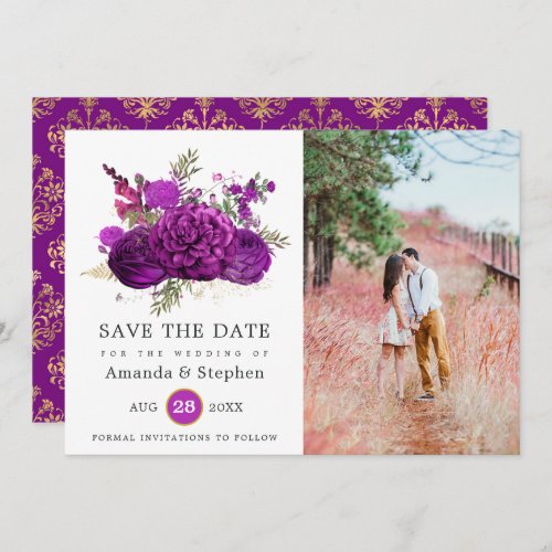 Vintage Royal Purple and Gold Floral Wedding Photo Save The Date