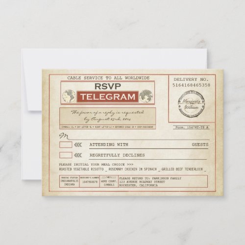 vintage RSVP WEDDING telegrams with meal choice