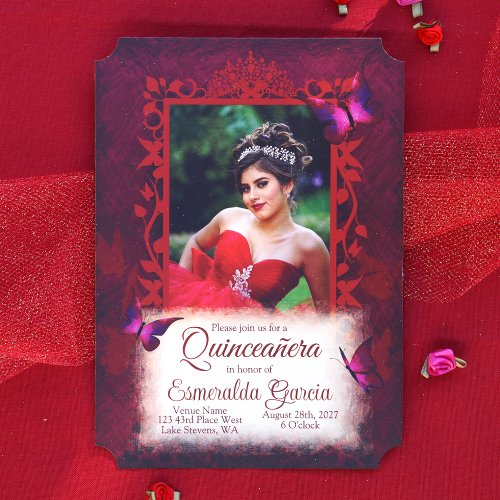 Vintage Ruby Red Butterflies Quinceanera Invitation