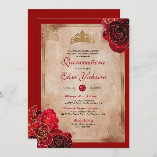 Vintage Ruby Red  Gold Roses Royal Quinceanera Invitation
