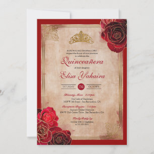Vintage Ruby Red & Gold Roses Royal Quinceanera Invitation
