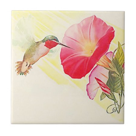 Vintage Ruby Throated Hummingbird Bird Flower Tile