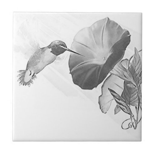 Vintage Ruby Throated Hummingbird in BW Tile