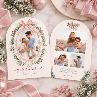 Vintage Ruffle Wreath Pink 4 Photo Christmas Card