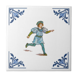Vintage Running Boy Delft Corner Blue and White Ceramic Tile