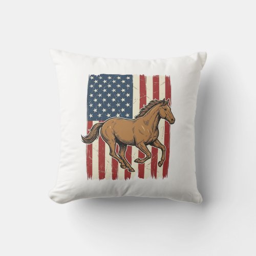 Vintage Running Horse Patriotic Flag Shirt Design_ Throw Pillow