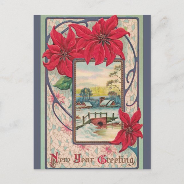 Vintage Rural Winter Scene Bridge New Year Postcard (Front)