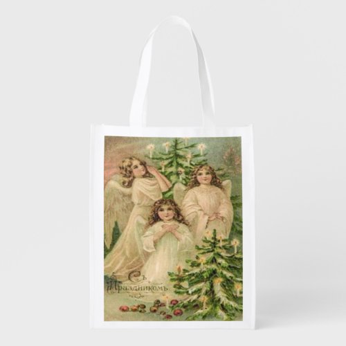 Vintage Russian Christmas Angels Russian Greeting Grocery Bag