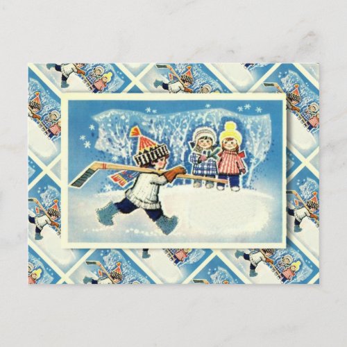Vintage Russian Christmas ice hockey player Holiday Postcard