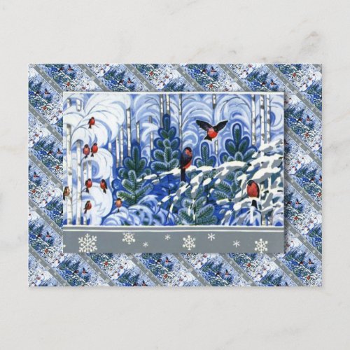 Vintage Russian Christmas Robins in the forest Holiday Postcard