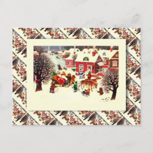 Vintage Russian Christmas, Santa and children Holiday Postcard