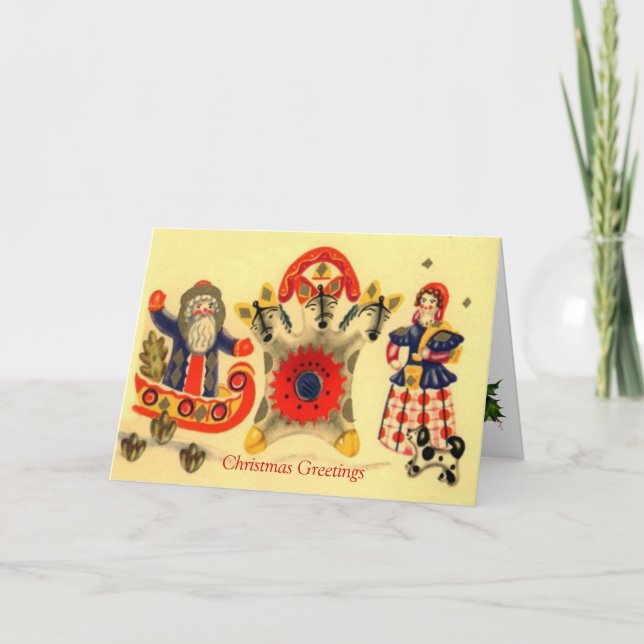 Vintage  Russian Christmas, Santa, Troika, Girl Holiday Card (Front)