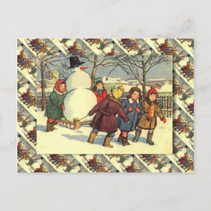 Vintage Russian Christmas, Snowman and children Holiday Postcard
