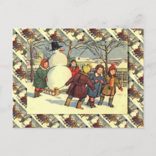 Vintage Russian Christmas Snowman and children Holiday Postcard