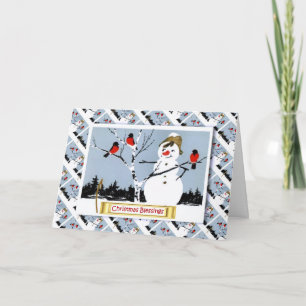 Vintage Russian Christmas, Snowman and robins Holiday Card