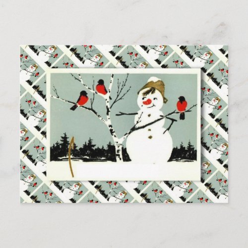 Vintage Russian Christmas Snowman and robins Holiday Postcard