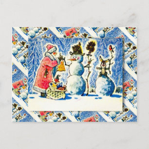 Vintage Russian Christmas, Snowman,  Santa Holiday Postcard