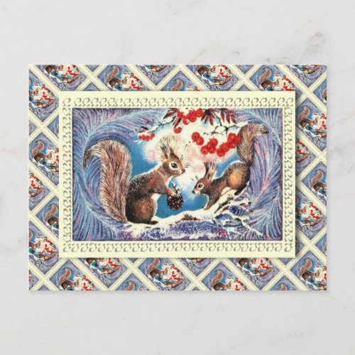 Vintage Russian Christmas Squirrels at home Holiday Postcard