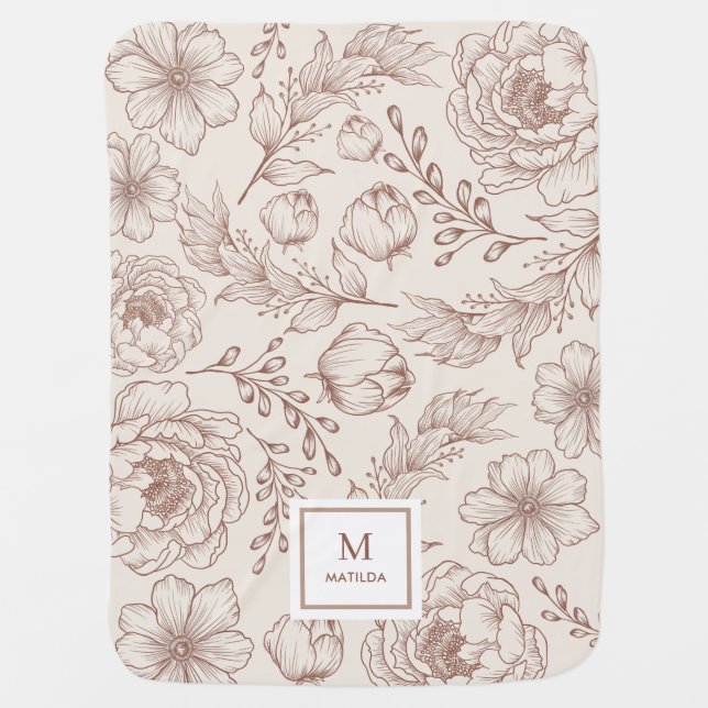Vintage Rust Cream Botanical Floral Pattern Baby Blanket (Front)