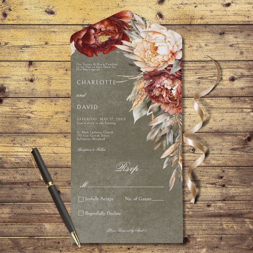 Vintage Rust  Cream Peonies Floral Sage No Dinner All In One Invitation