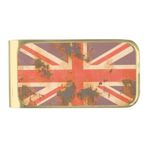 Vintage Rusted United Kingdom Flag Gold Finish Money Clip