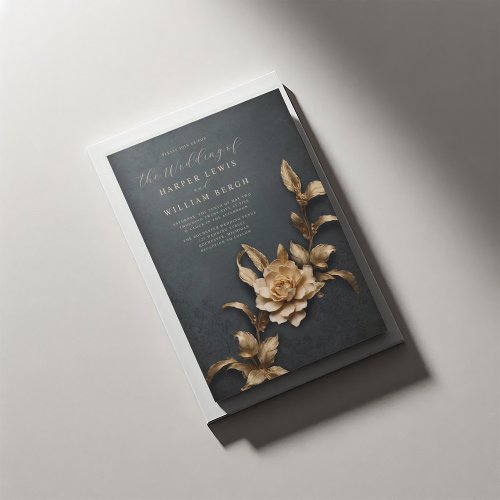 vintage rustic 3d metallic foliage wedding invitation