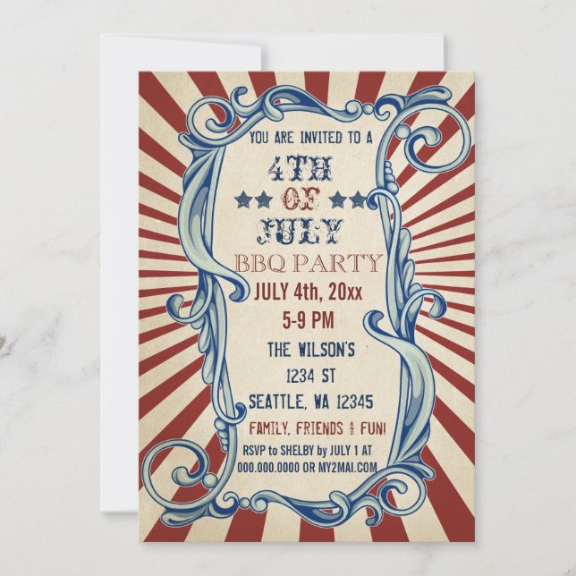 Vintage Rustic 4th of July BBQ Party Invitations (Front)
